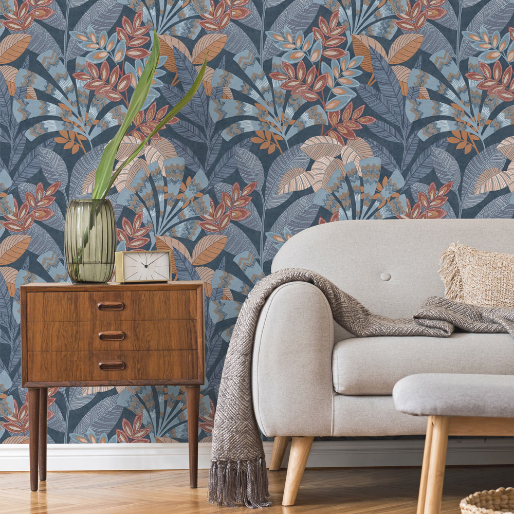 Crown Asha Leaves Navy and Burnt Orange Wallpaper Image 3