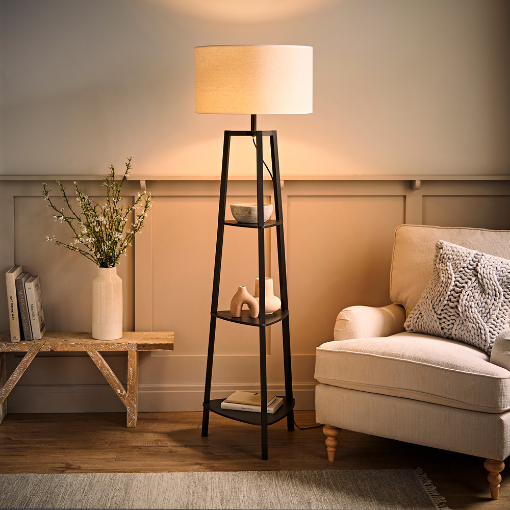 ValueLights Hiru Black 3 Shelf White Trim Linen Shade Floor Lamp with Bulb Image 6