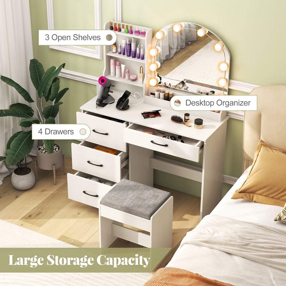 Costway White Dressing Table and Stool Set with LED Mirror Image 7