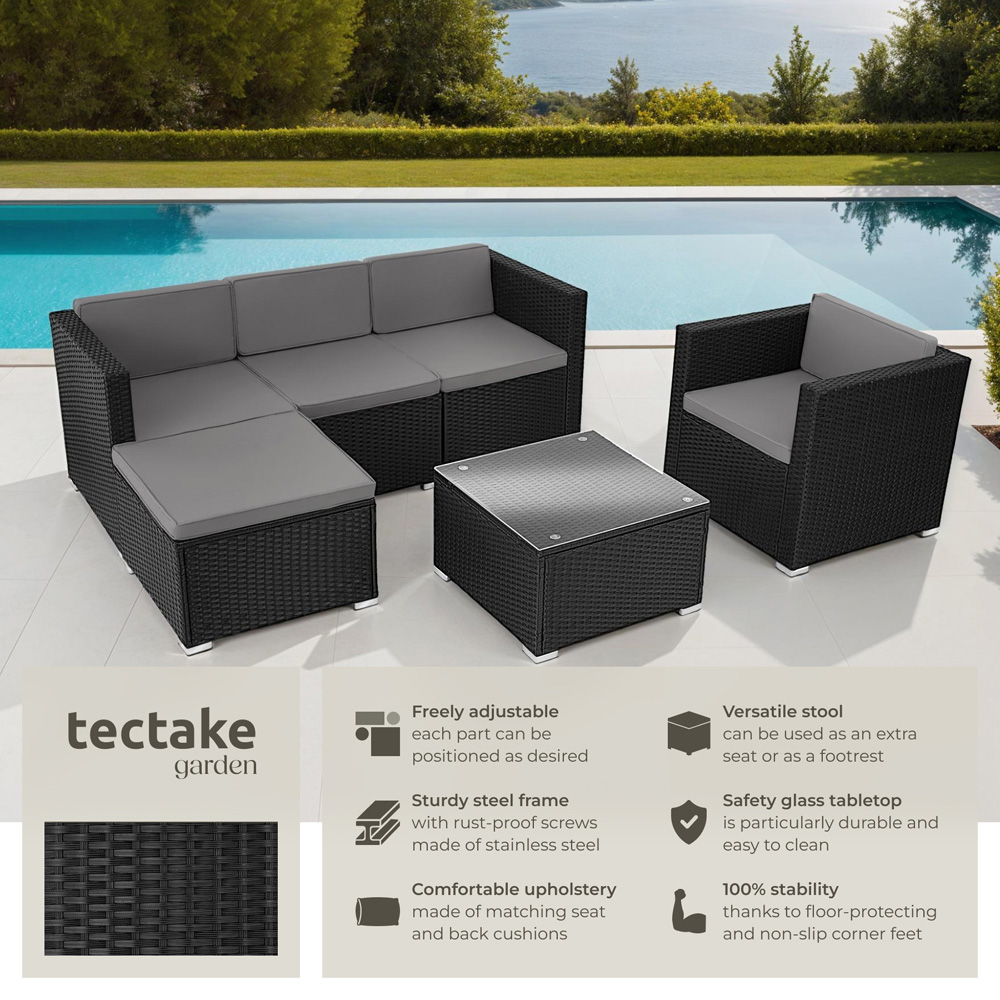 tectake Lignano 5 Seater Black Rattan Garden Lounge Set Image 6