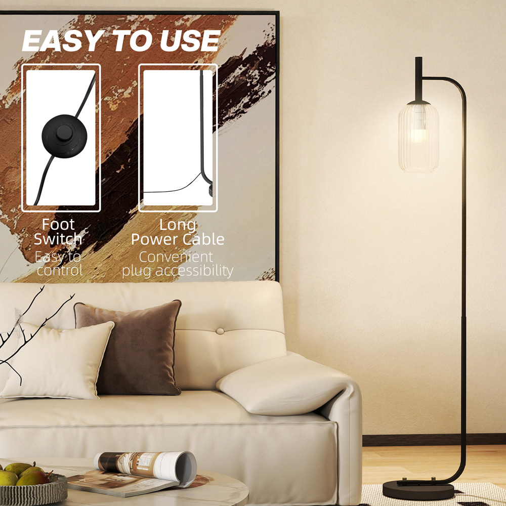 HOMCOM Glass Lampshade Black Floor Lamp with Foot Switch Image 5