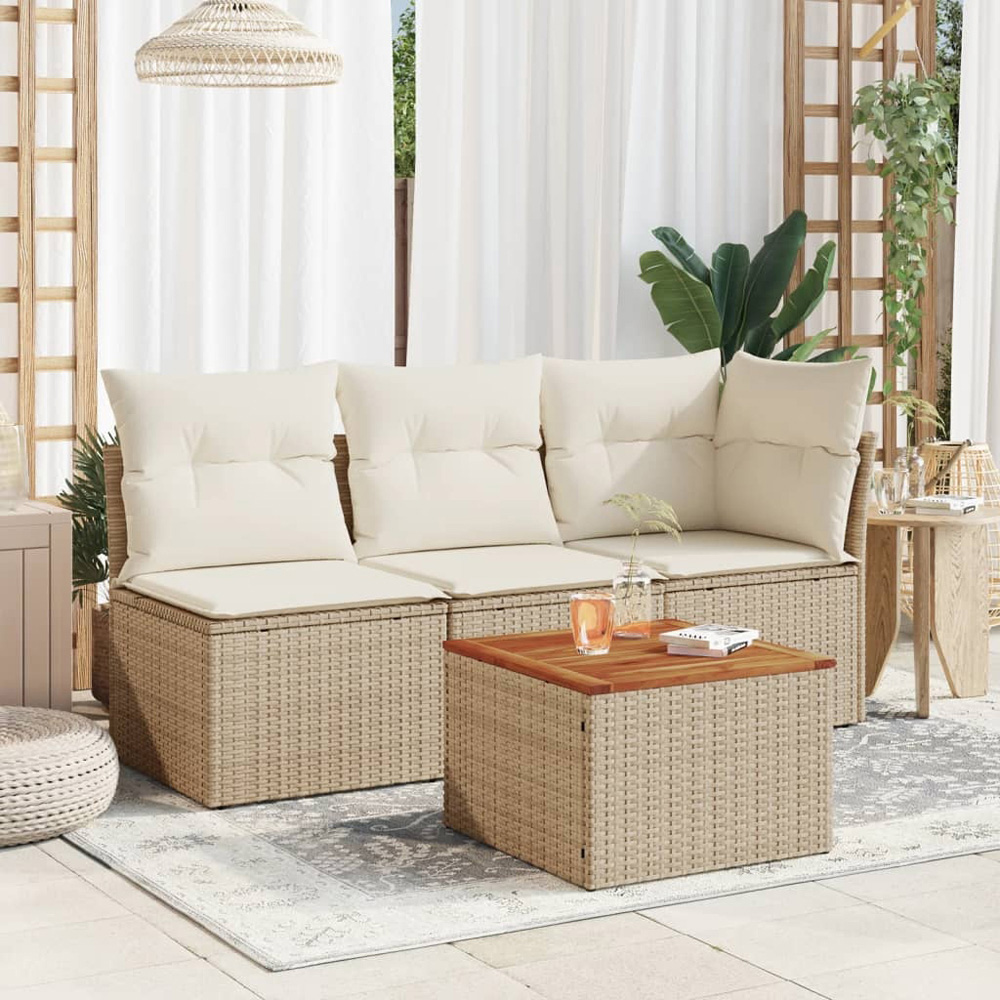 Walplus Beige Brown Poly Rattan Acacia Wood Top Garden Coffee Table Image 7