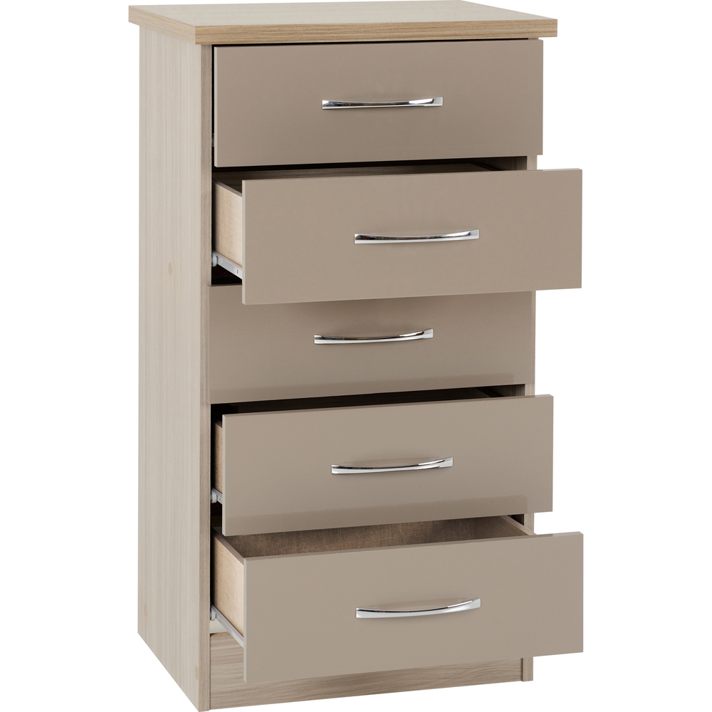 Seconique Nevada 5 Drawer Oyster Gloss Light Oak Effect Veneer Narrow Chest of Drawers Image 4