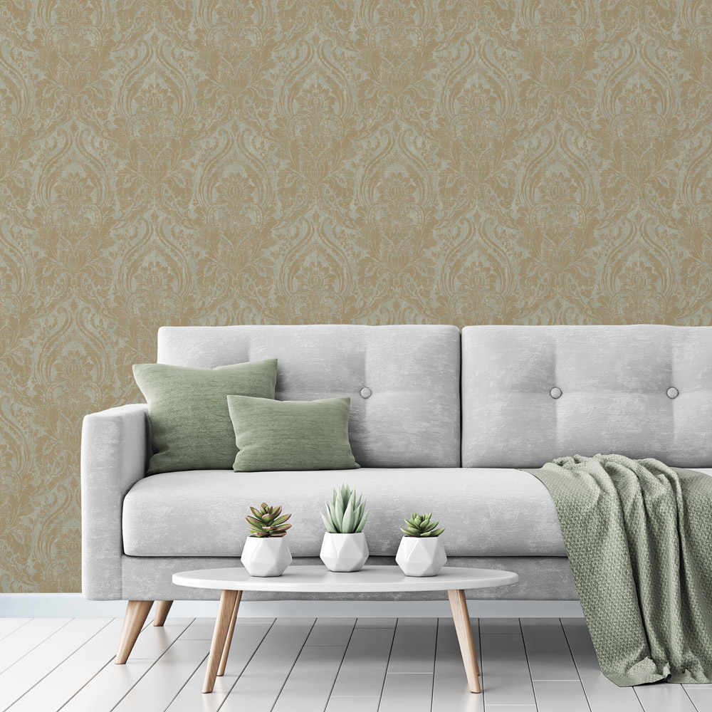Grandeco Distressed Metallic Textured Damask Sage Wallpaper Image 2