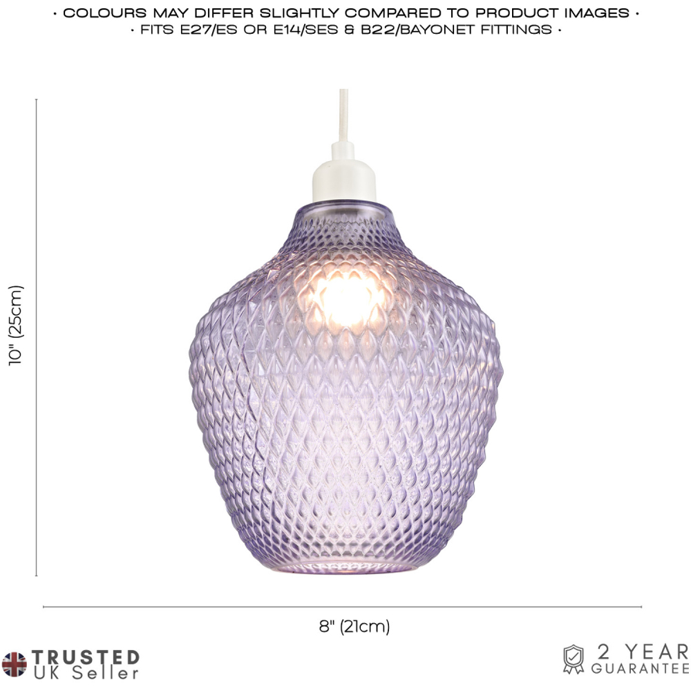 Happy Homewares Soft Lilac and Purple Curvy Diamond Etched Glass Pendant Shade Image 7