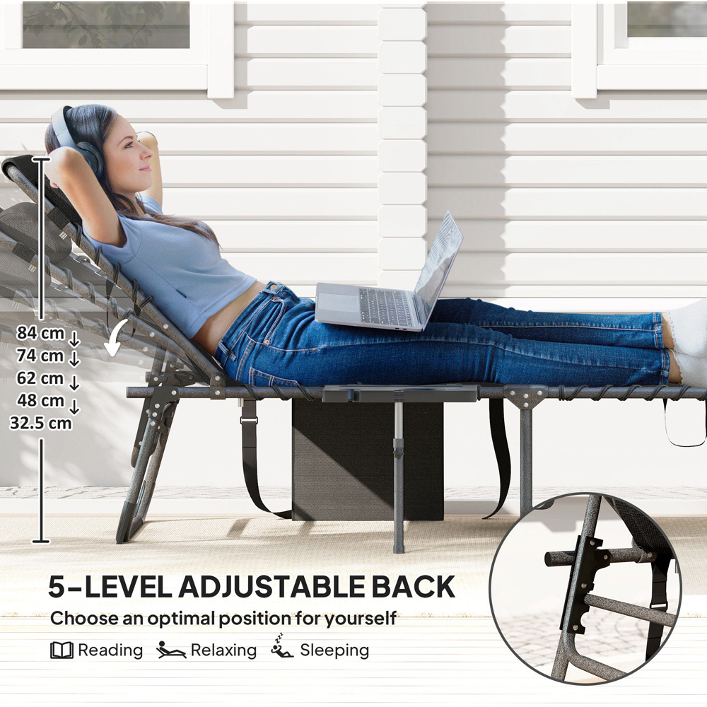 Outsunny Black 5 Level Adjustable Folding Sun Lounger with Side Table Image 7