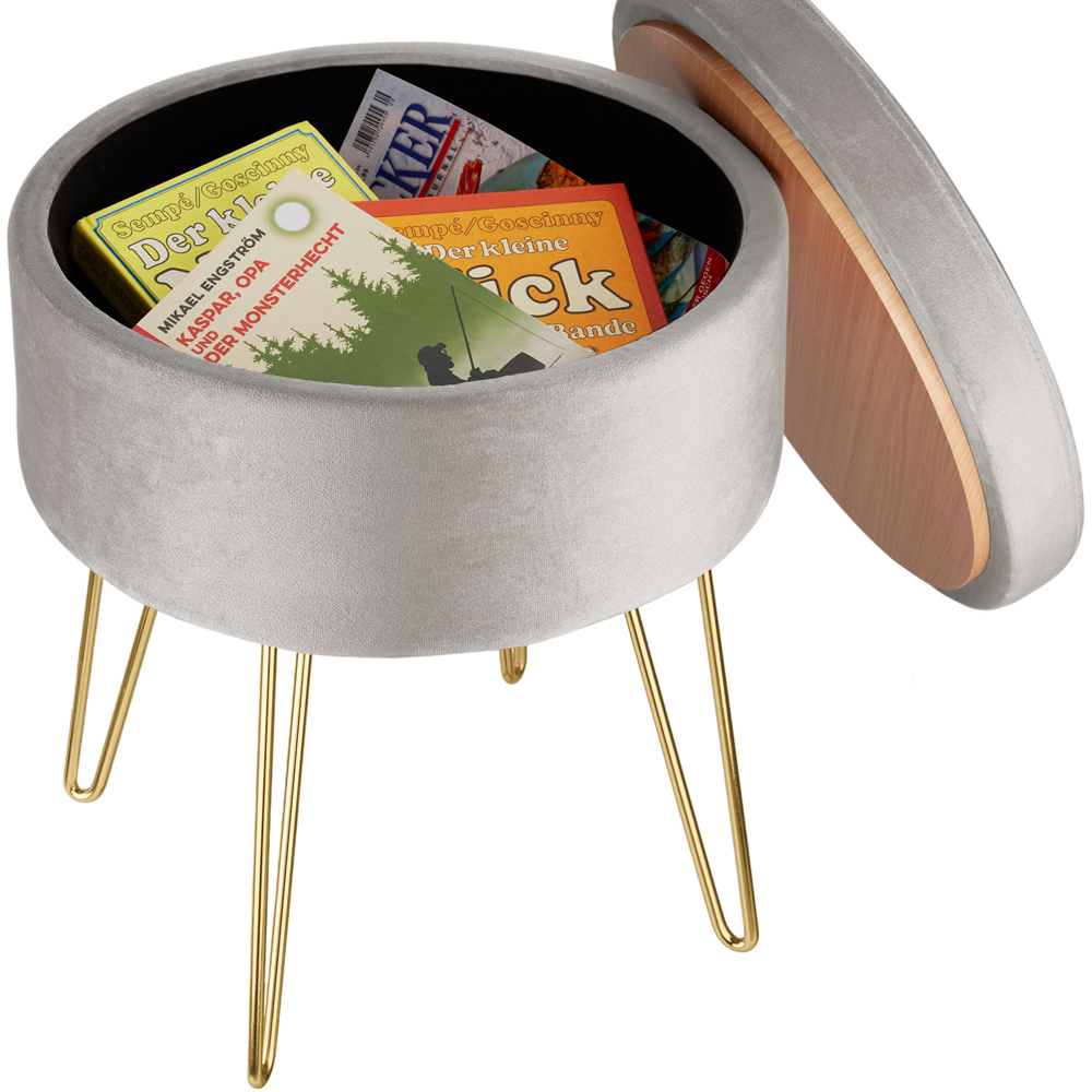 tectake Ava Light Grey Velvet Look Padded Round Stool with Storage Image 5