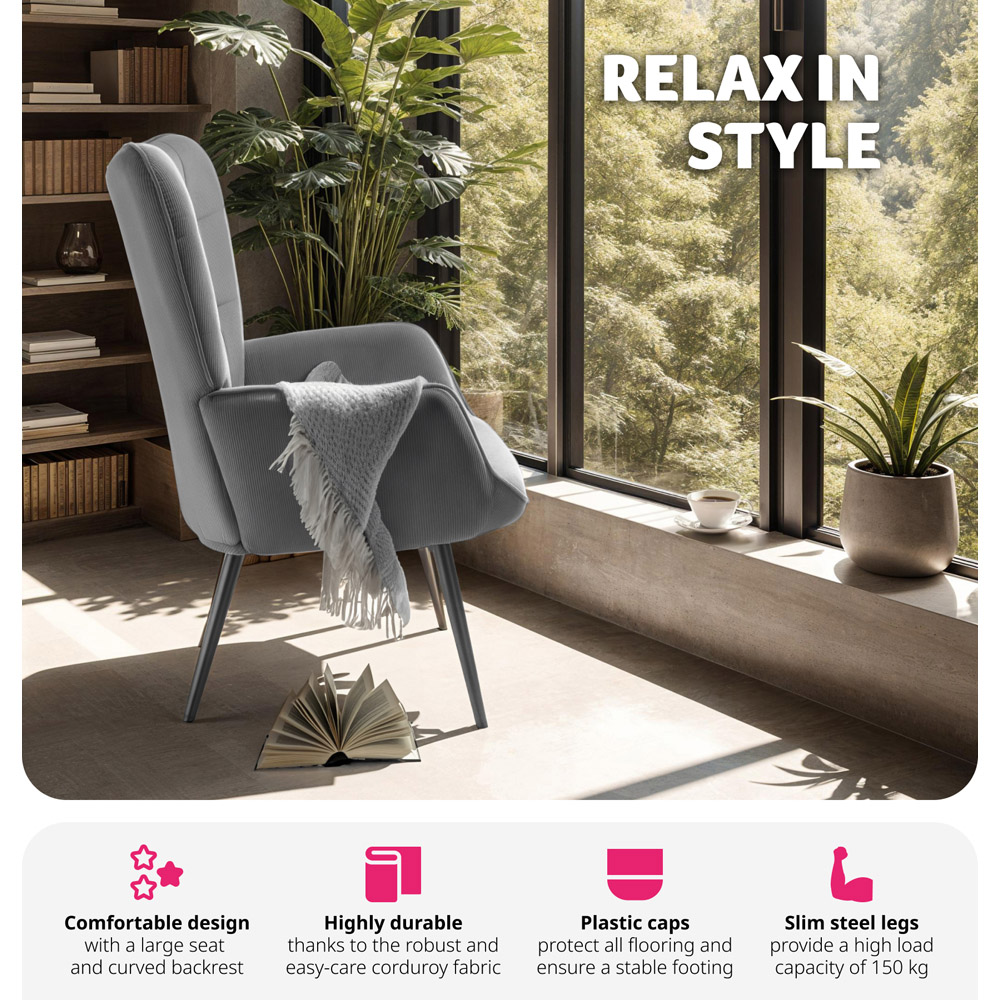 tectake Hygge Anthracite and Black Fine Cord Armchair Image 4