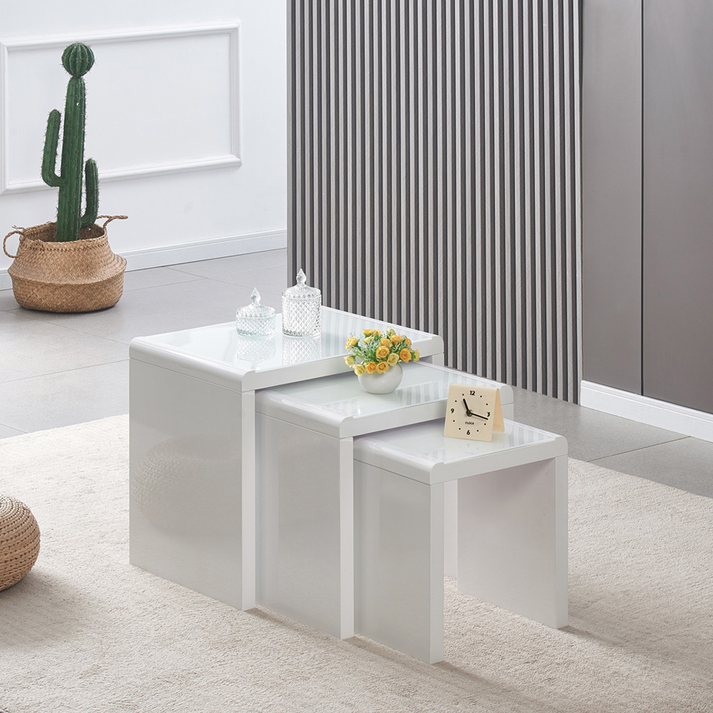 Comfy Living White High Gloss Glass Nest of Tables Set of 3 Image 4