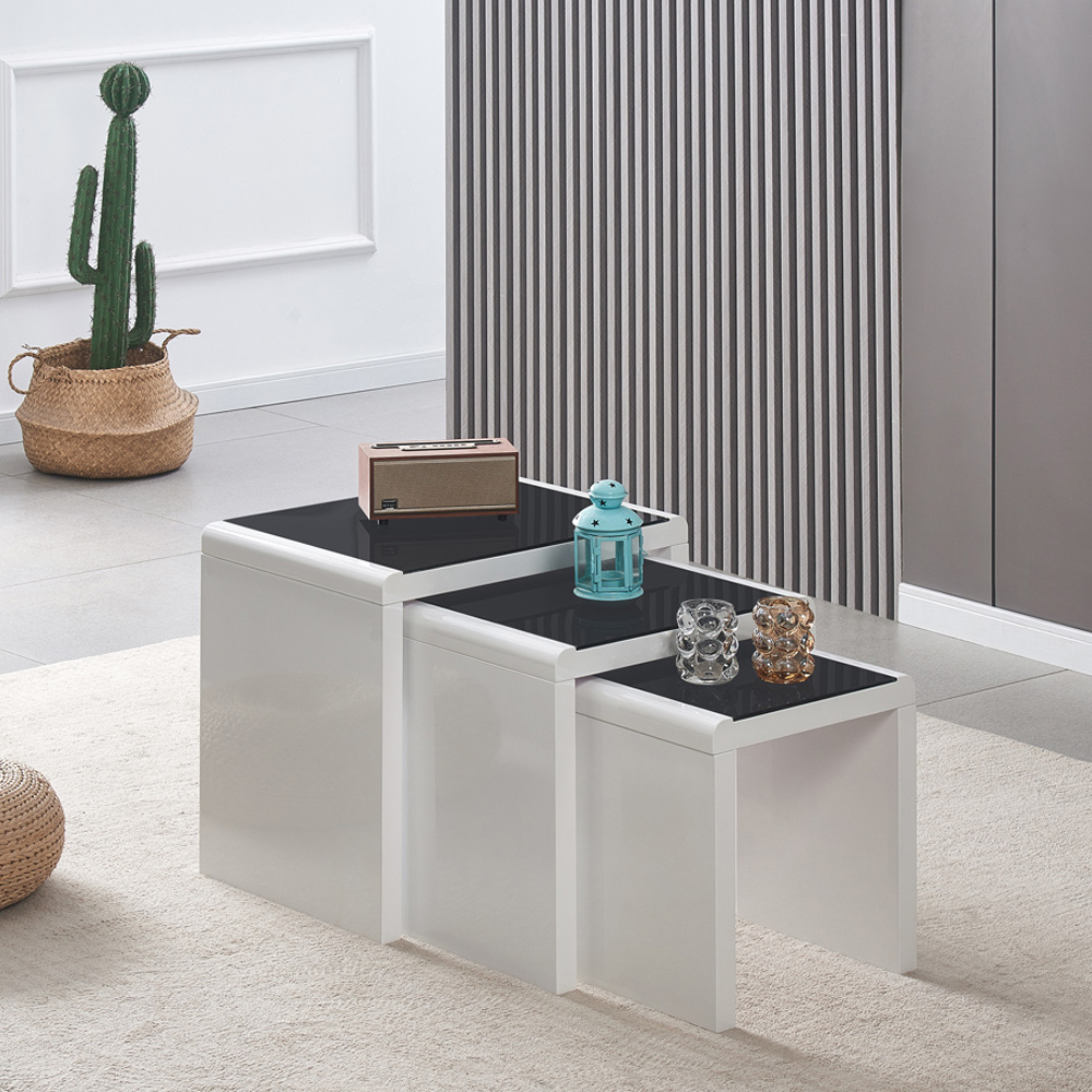 Comfy Living White and Black Glass Nest of Tables Set of 3 Image 3