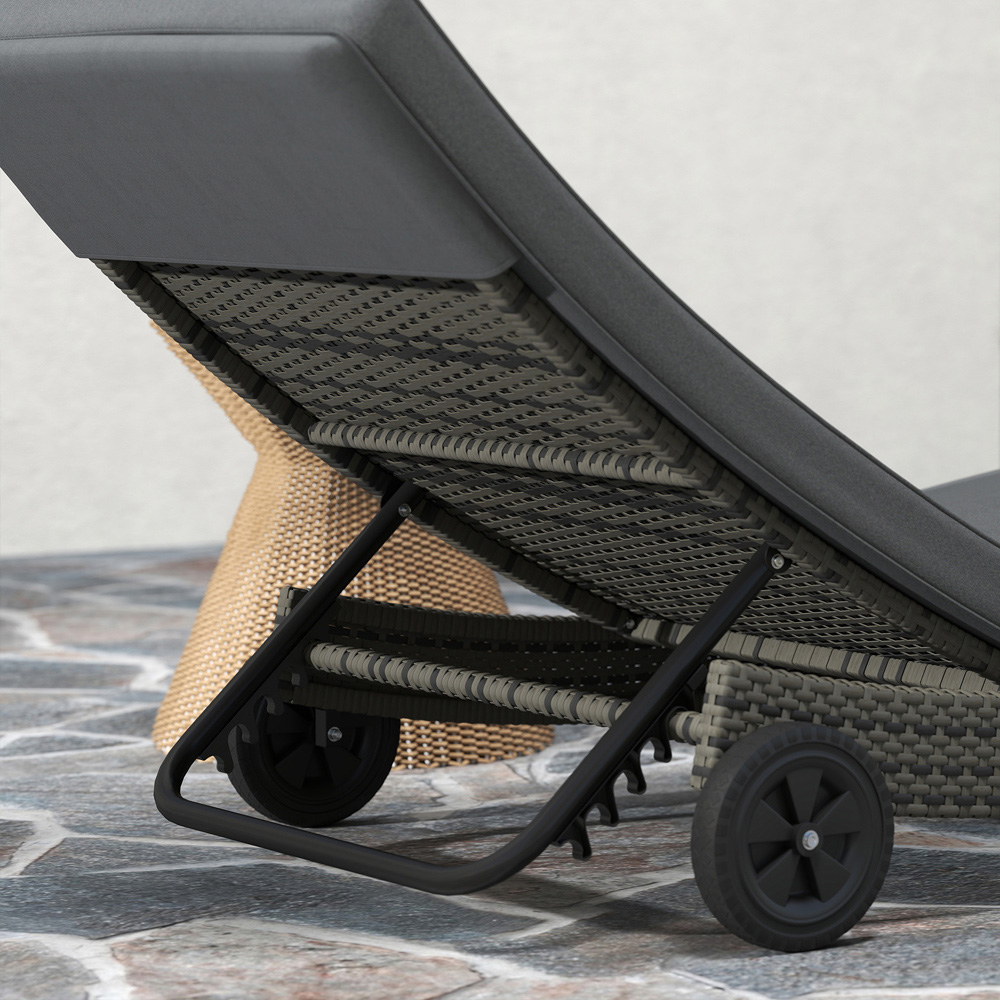 Outsunny Dark Grey Rattan Reclining Back Sun Lounger with Wheels Image 3