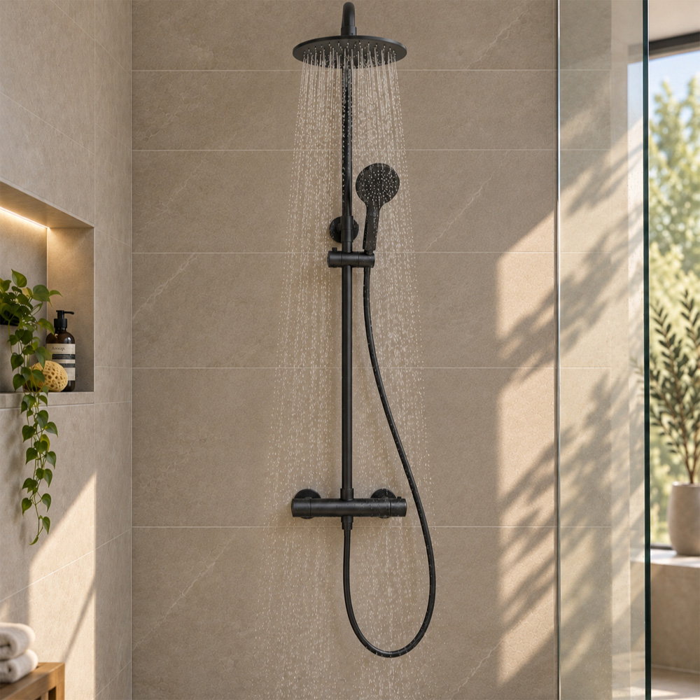 Go Bathrooms Matt Black Round Thermostatic Shower Kit Image 2