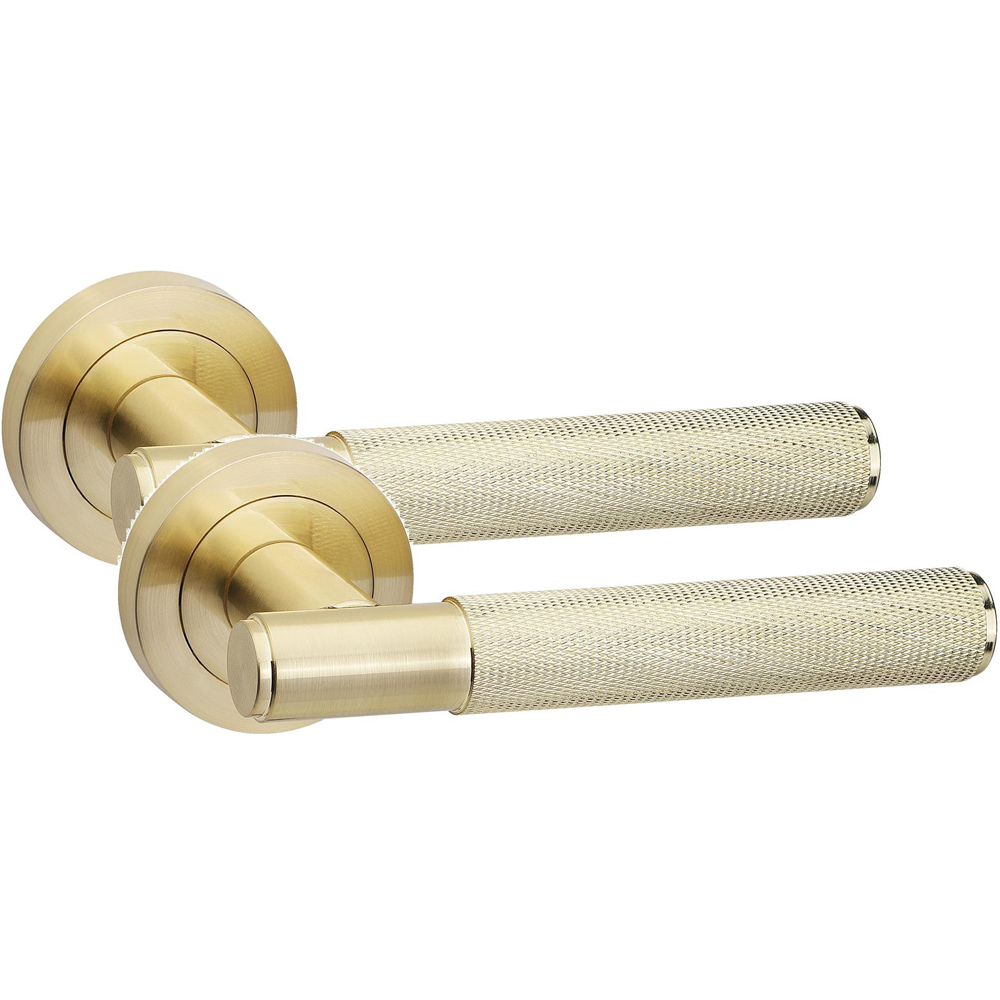 Golden Grace Knurled T-Bar Satin Brass Door Handles Latch and Ball Bearing Set Image 2
