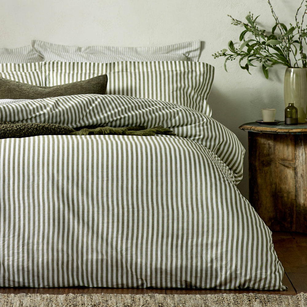 Yard Hebden Double Melange Stripe Cotton Olive Duvet Set Image 4