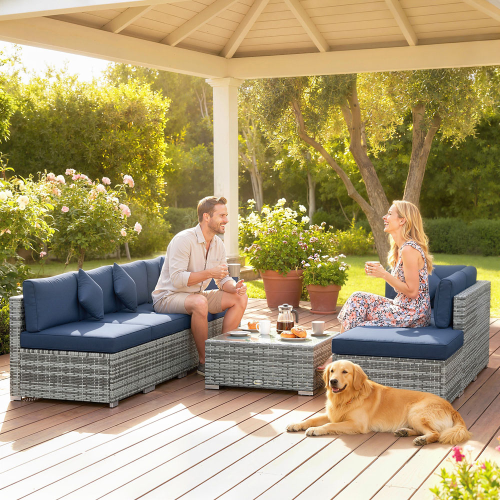 Outsunny 6 Seater Dark Blue Rattan Patio Corner Sofa Set Image 3
