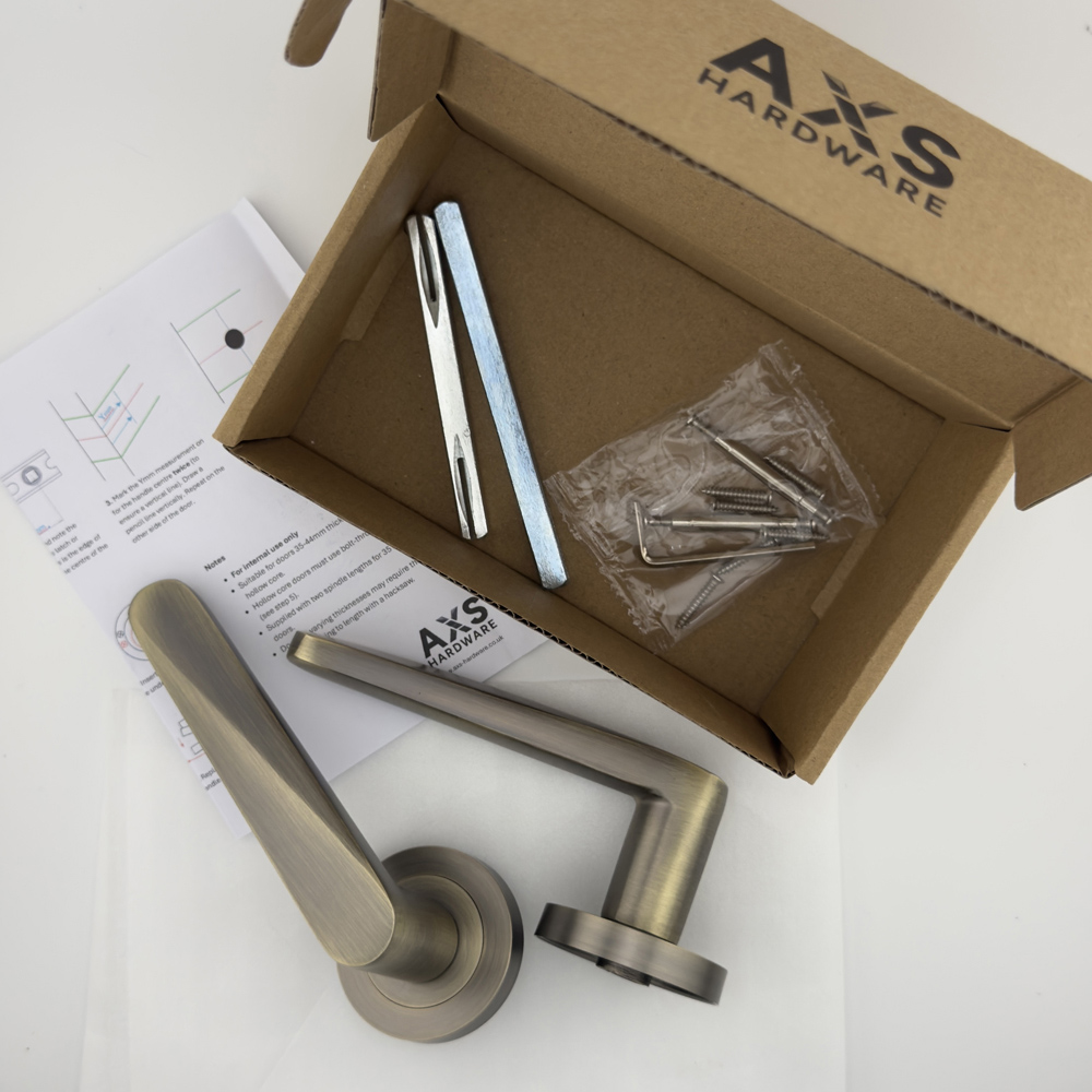 AXS Hardware Detroit Antique Brass Latch Door Handles on Rose Image 6