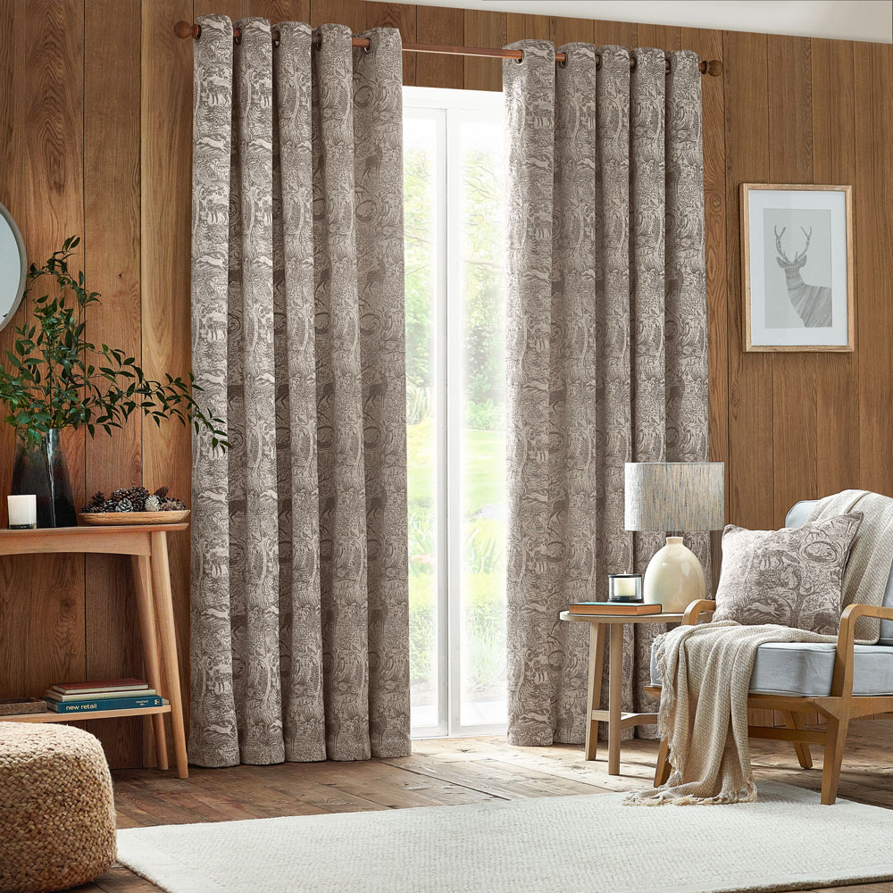 furn. Winter Woods Taupe Animal Chenille Eyelet Curtains 117 x 137cm Image 6