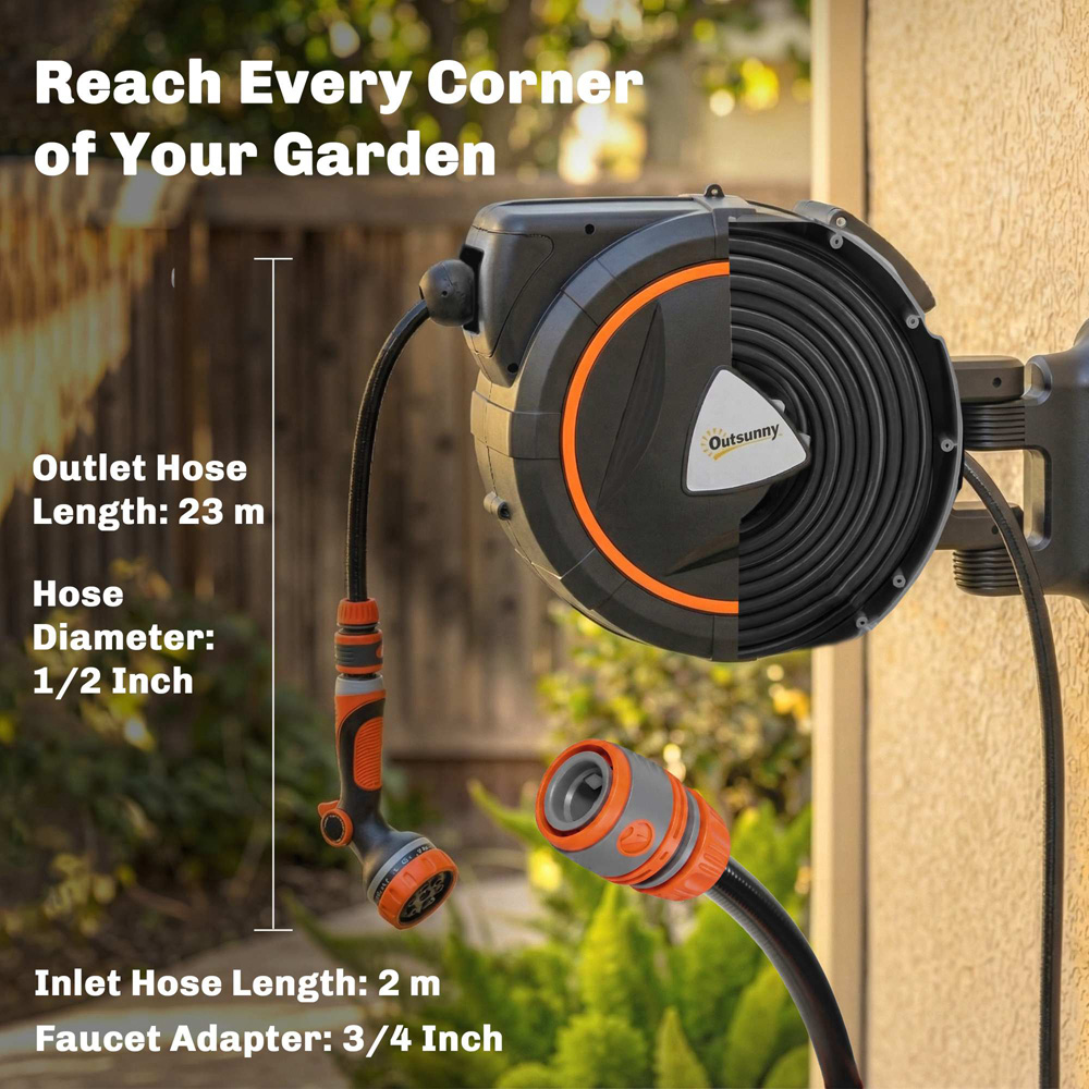 Outsunny 23m Black and Orange Wall-Mounted Retractable Hose Reel with Auto Retraction Image 5