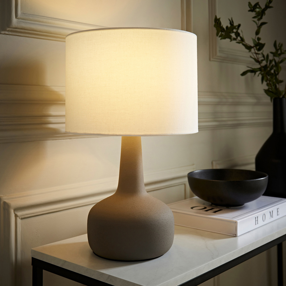ValueLights Hayley Natural Linen Drum Shade Grey Squat Base Ceramic LED Table Lamp Image 2