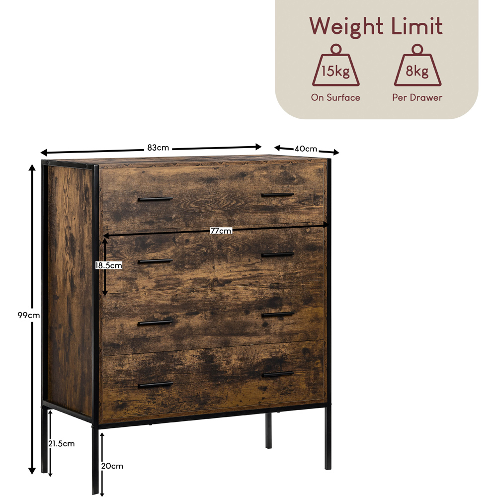 Vida Designs Brooklyn 4 Drawer Dark Wood Rustic Metal Frame Chest of Drawers Image 8