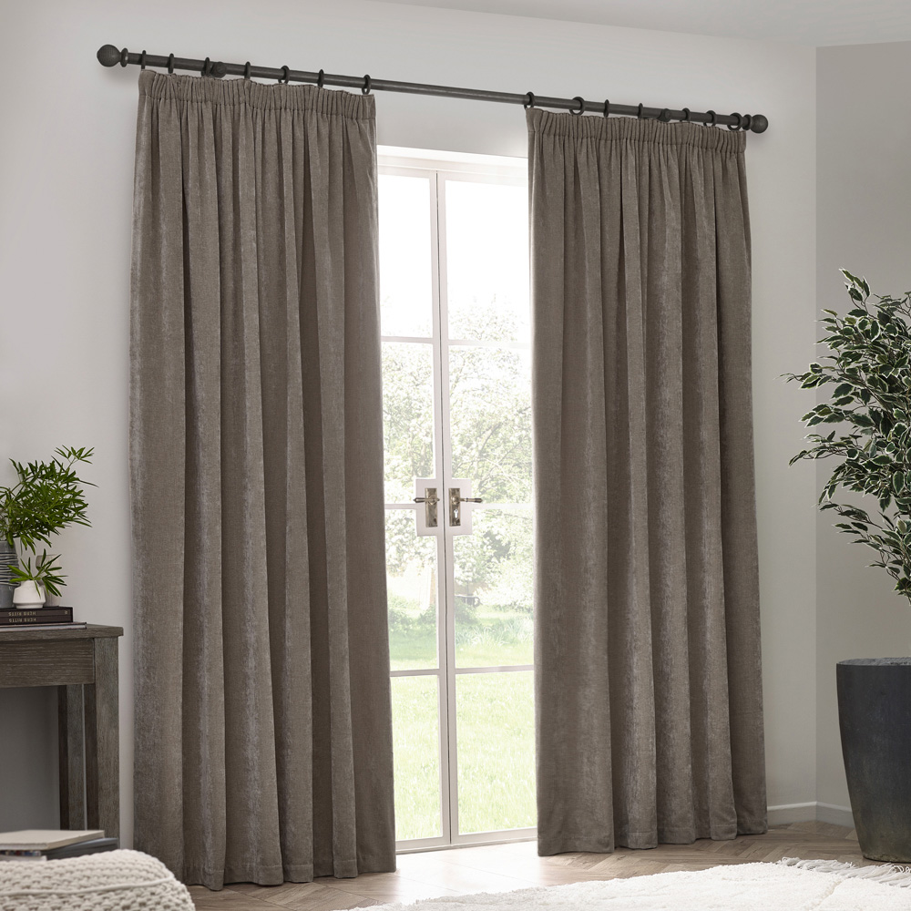Yard Heavy Greige Chenille Velvet Pencil Pleat Curtains 117 x 137cm Image 1