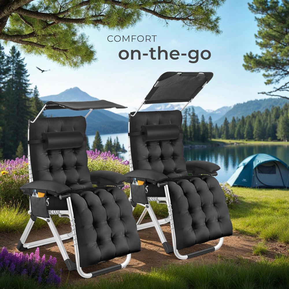 tectake Cirrus Black Set of 2 Folding Plush Padding Sun Lounger with Sun Shade Image 8