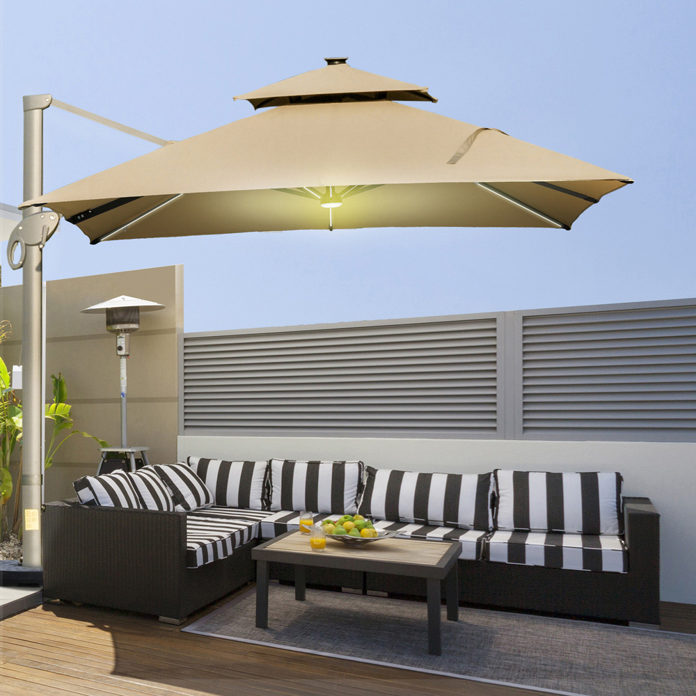 Outsunny 2 Tier Khaki Solar LED Cold Light Cantilever Parasol 3m Image 3
