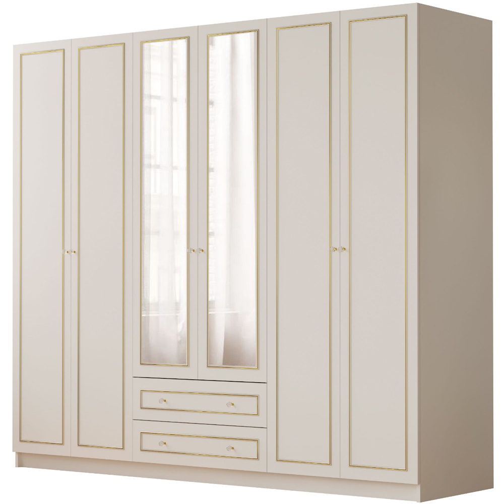 Evu MARIE 6 Door 2 Drawer Gold and White XL Mirrored Wardrobe Image 2