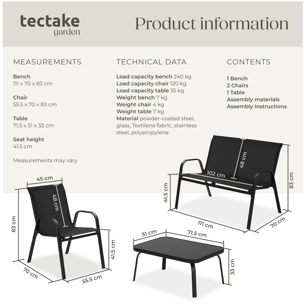 tectake Nora 4 Seater Black Textilene Fabric Outdoor Seating Table Set Image 9