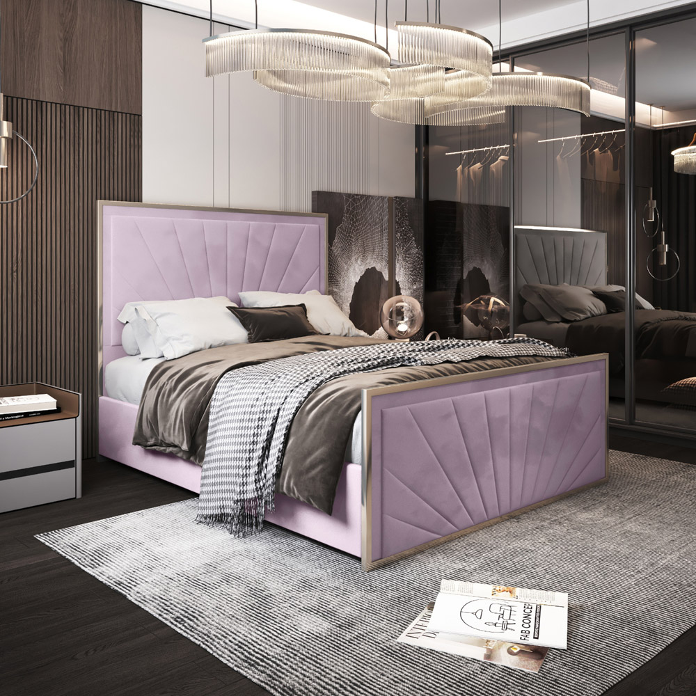 Roxy Super King Size Pink Soft Velvet Upholstered Metal Bed Frame with Chevron Headboard Image 5
