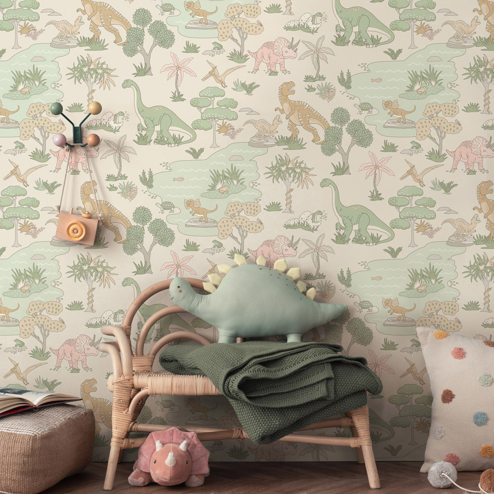 Holden Decor Dino Zoo Pink Sage Wallpaper Image 3