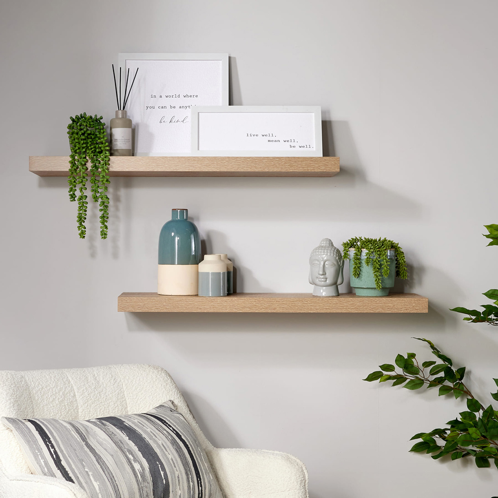Home Source Cloud 80cm Oak Finish Floating Wall Shelf Set of 2 Image 2
