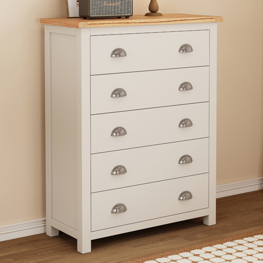Cabinet Bits Lovere 5 Drawer White Chrome Cup Handle Chest of Drawers Image 1