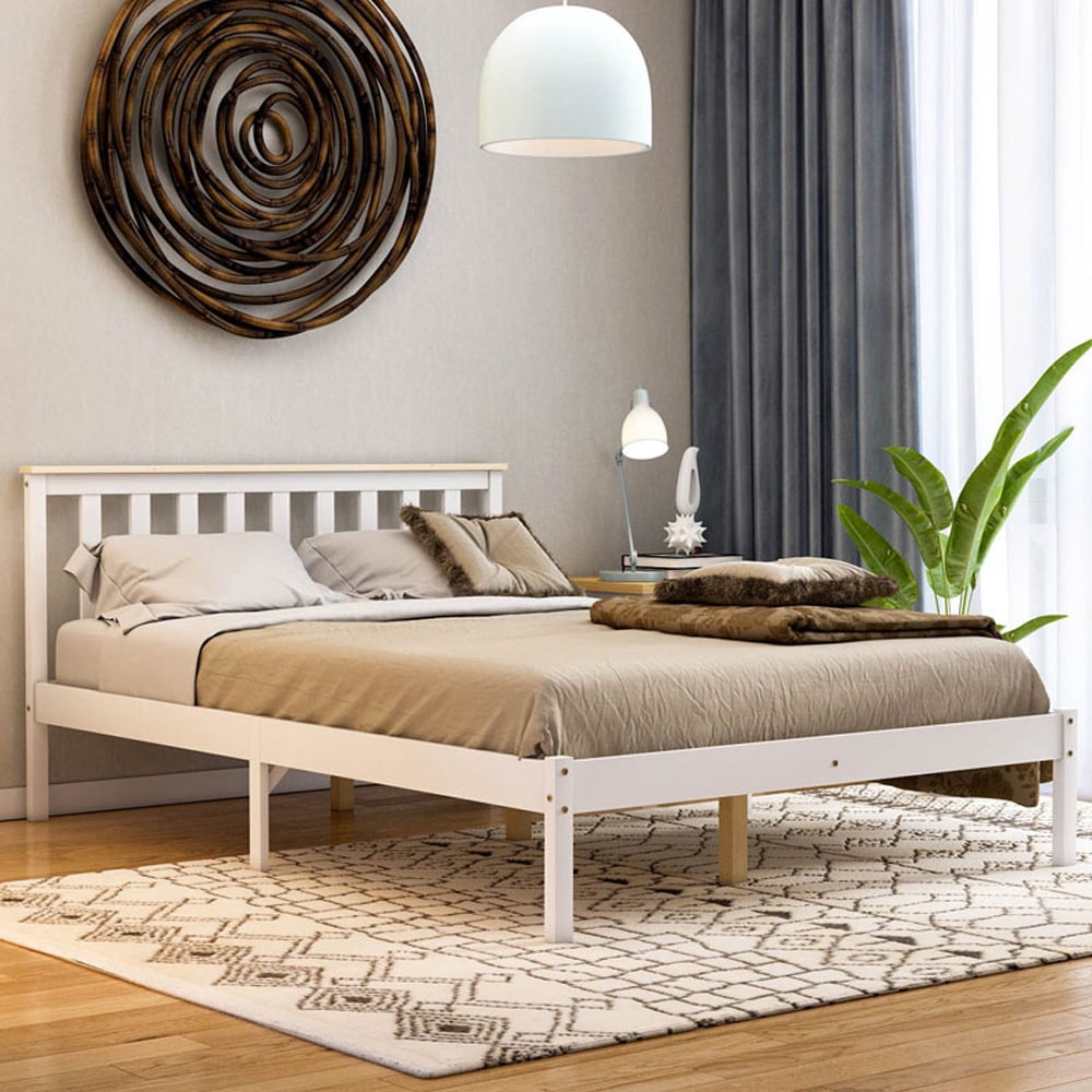 Vida Designs Milan Double White and Pine Low Foot Wooden Bed Frame Image 1