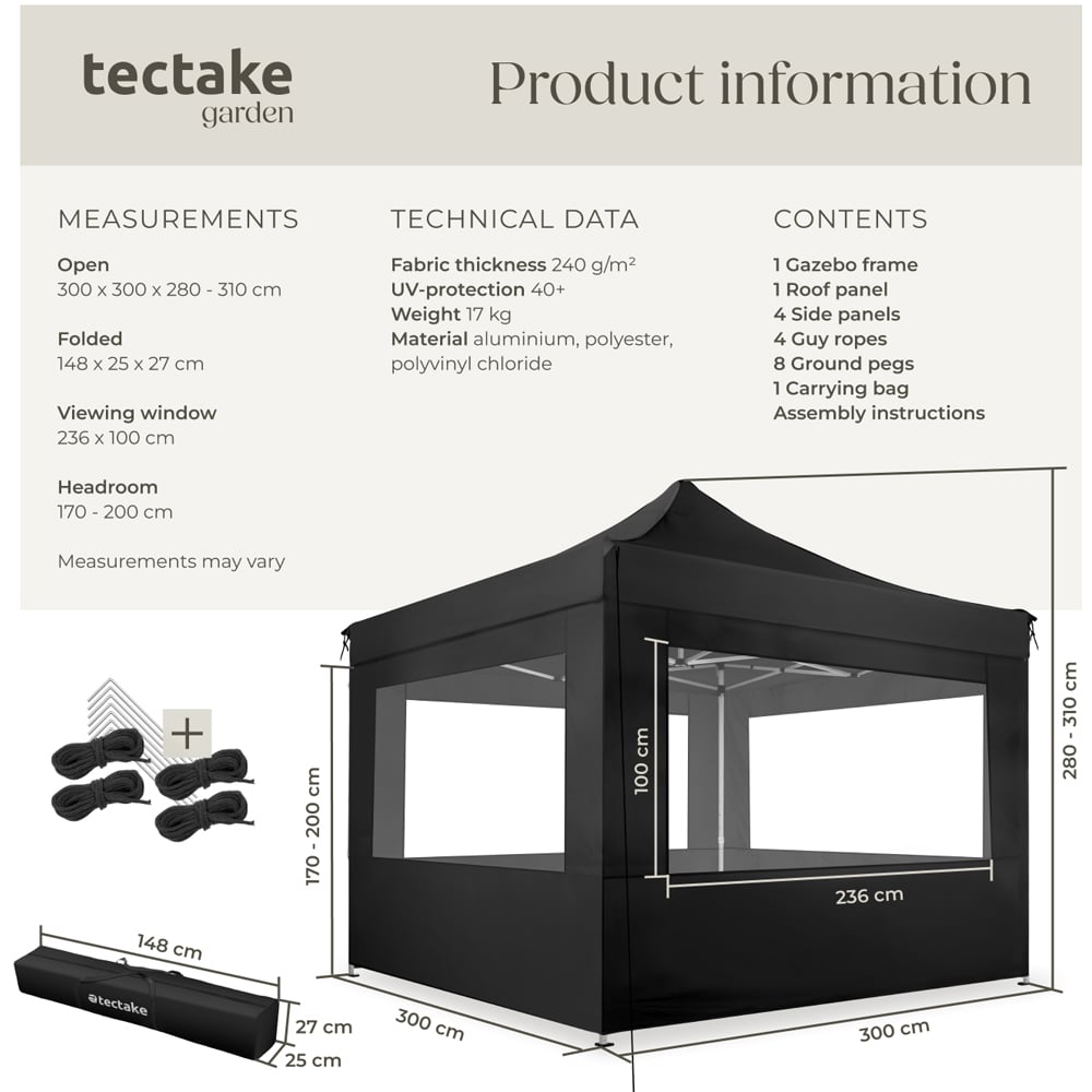 tectake Olivia 3 x 3m Black Aluminium Frame Gazebo with 4 Aide Panels Image 9