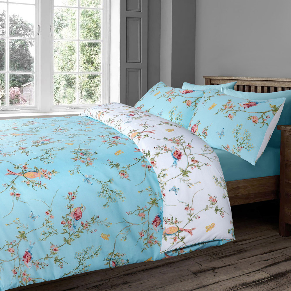 Velosso EasyCare Super King Size Green Birds Floral Reversible Duvet Set Image 4