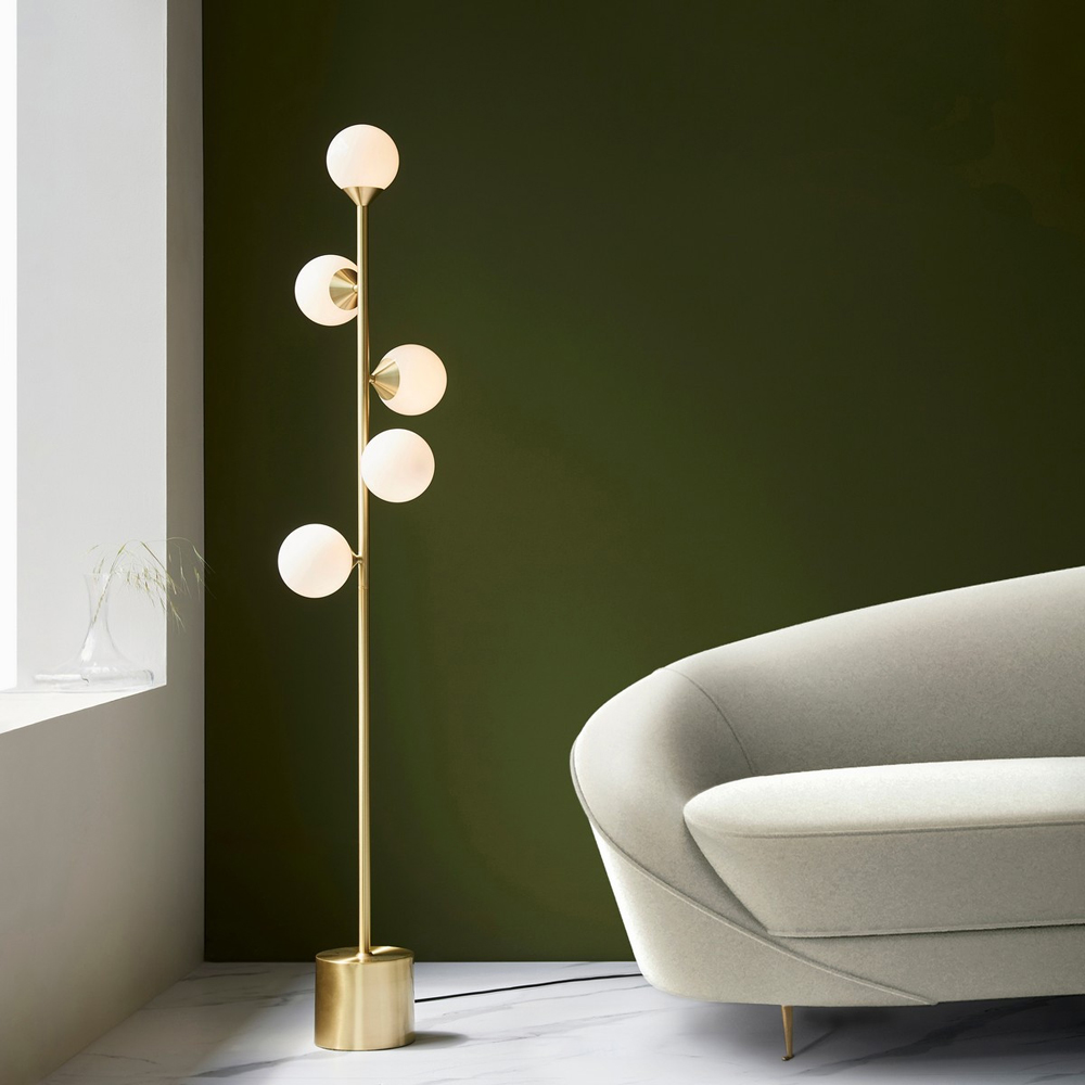 Merano Grosseto Satin Brass Plate Gloss White Glass Multi Arm Floor Lamp Image 8