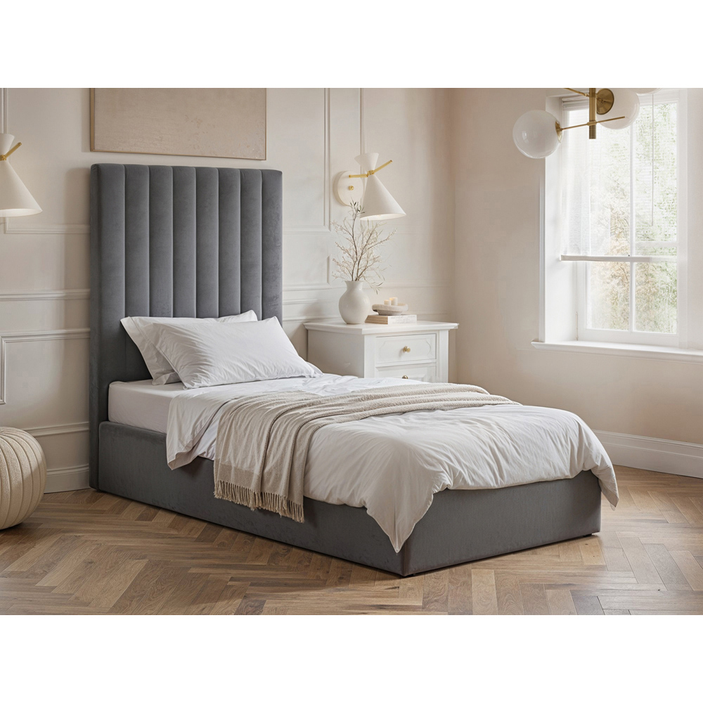 Solace+Co Everley Single Grey Velvet Ottoman Bed Image 7