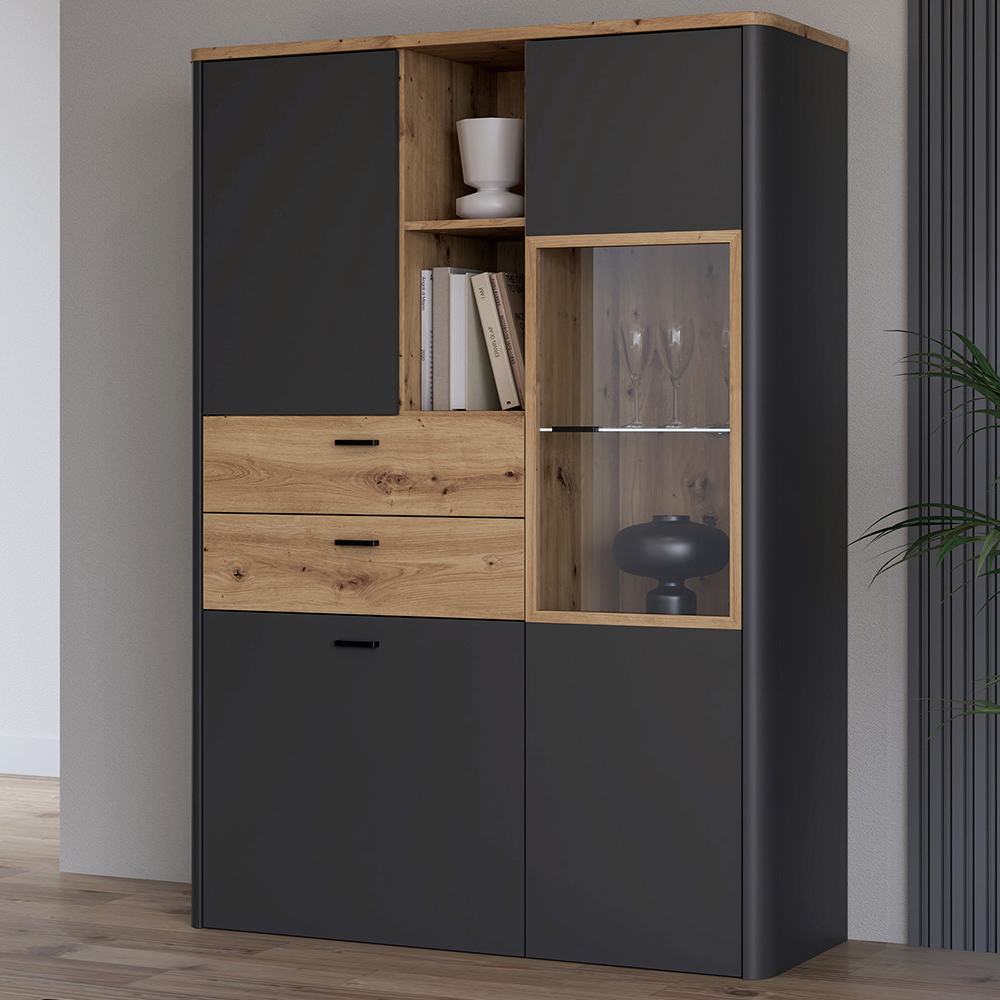 Florence Klara 3 Door 2 Drawer 2 Shelf Grey and Oak Glass Display Cabinet Image 1