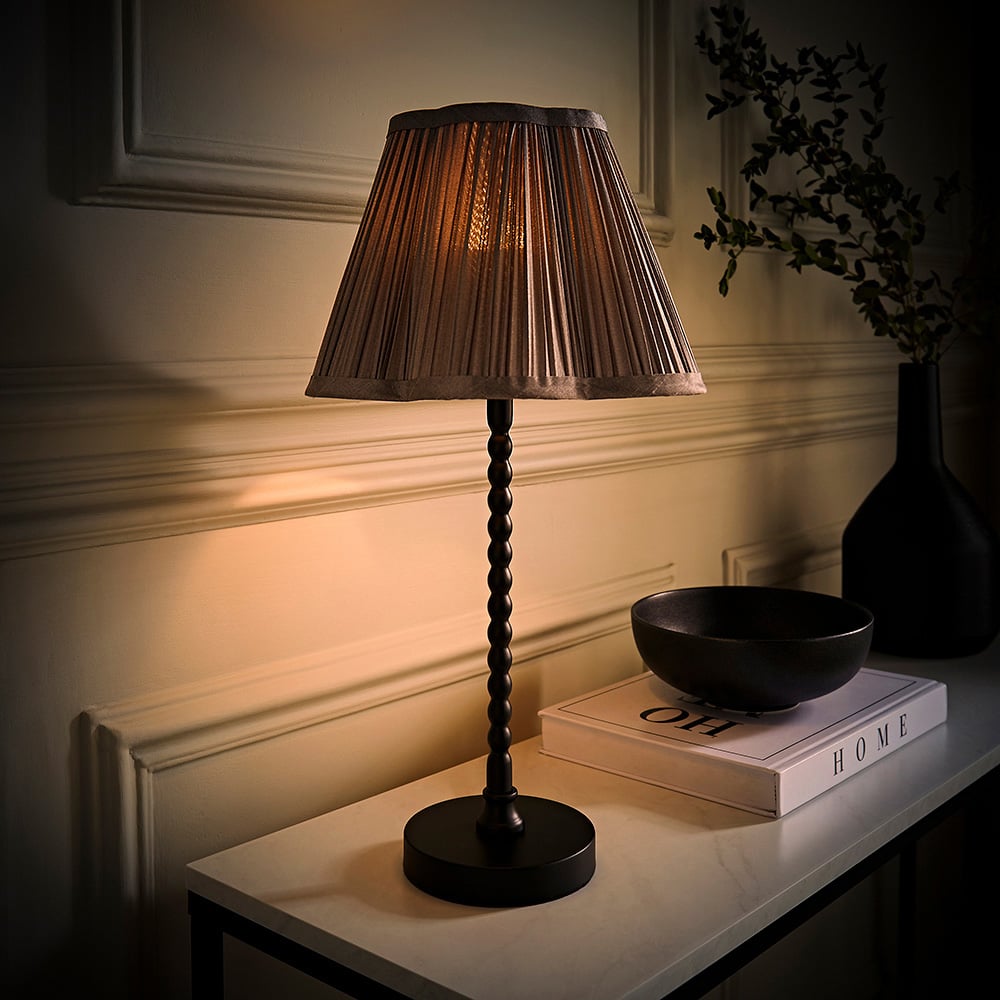 ValueLights Maeve Dark Grey Pleated Faux Silk Scallop Shade Black Bobbin LED Table Lamp Image 2