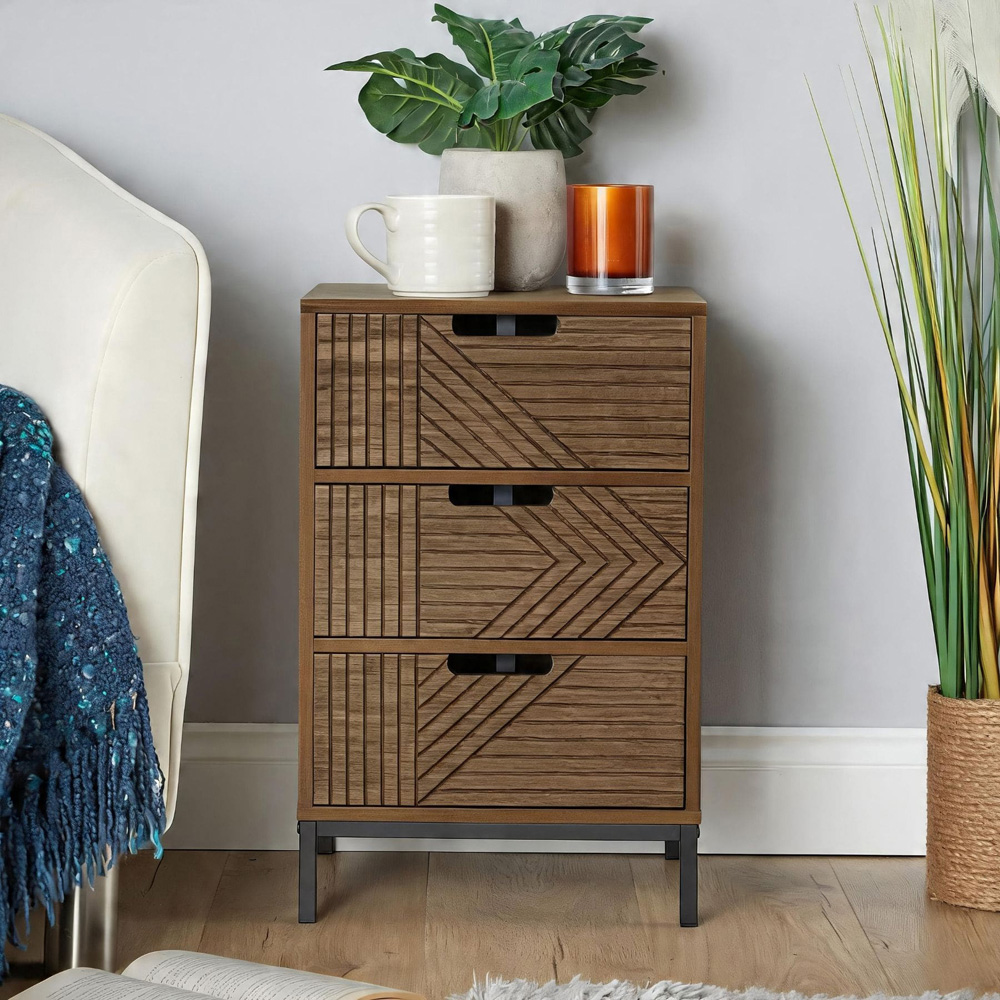 Home Source Mundesley 3 Drawer Geometric Wooden Bedside Table Image 5