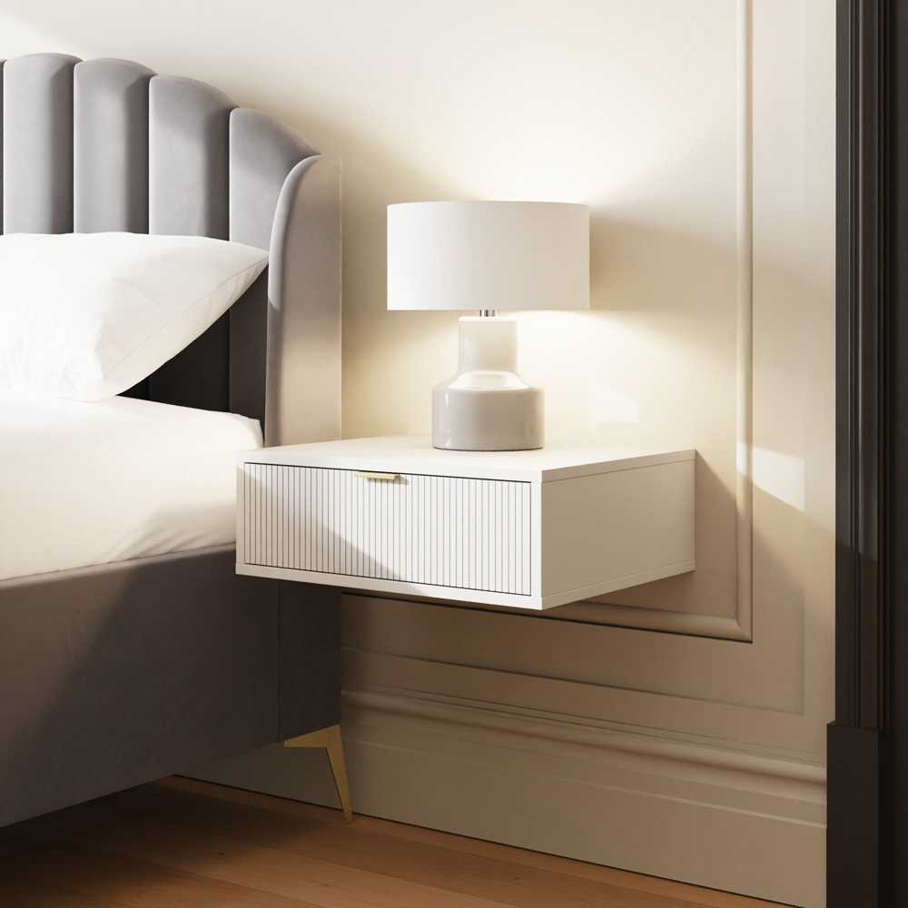GFW Sienna Single Drawer White Ribbed Wall Mounted Bedside Table Set of 2 Image 7
