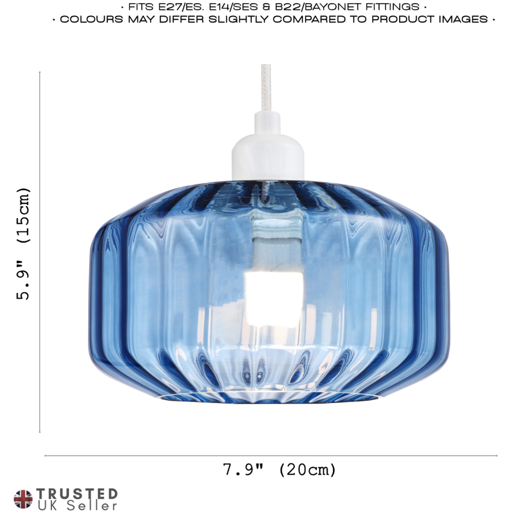 Happy Homewares Midnight Blue Ribbed Glass Flat Style Pendant Shade Image 7