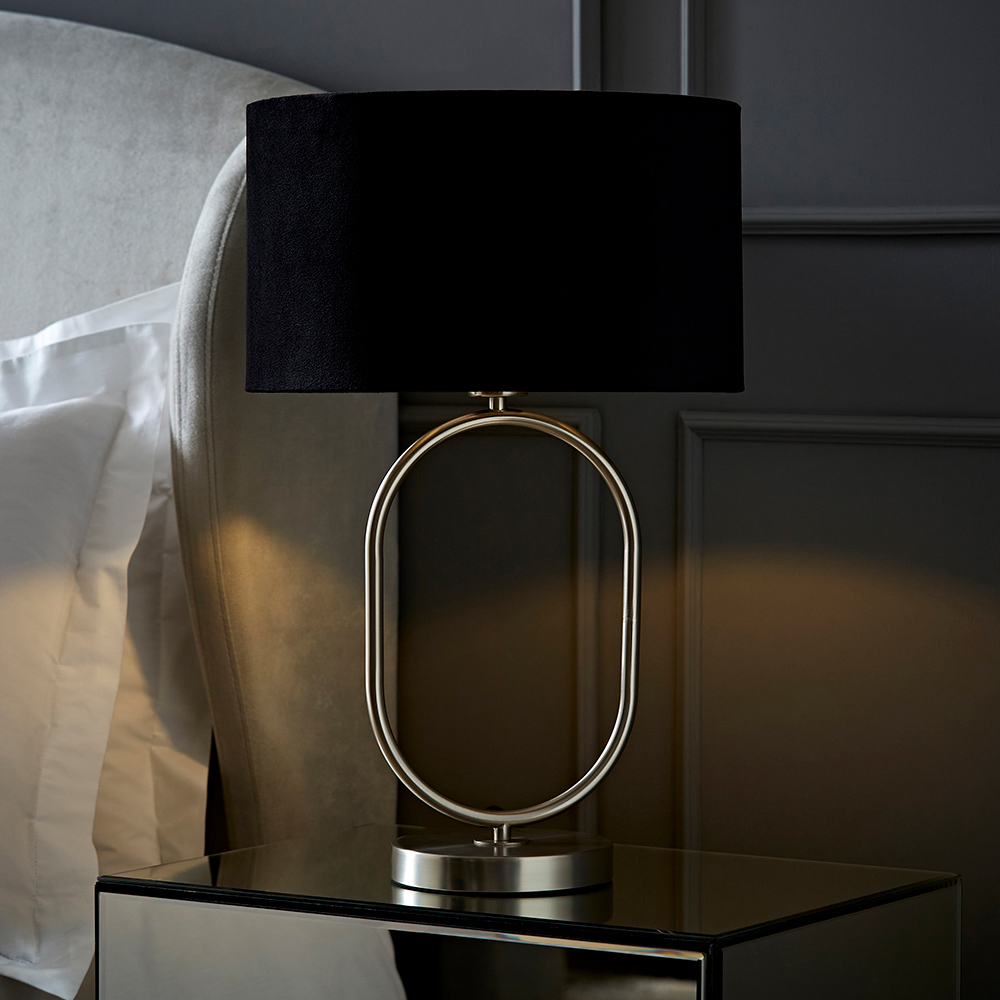 ValueLights Antonia Black Velvet Drum Lamp Shade Brushed Chrome Oval LED Table Lamp Image 6