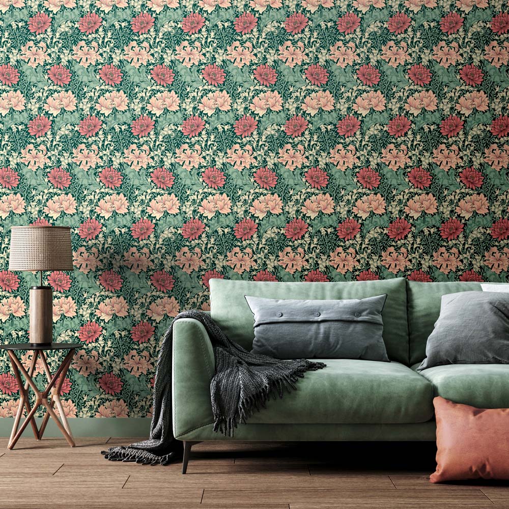 Hoopla Walls Chrysanthemum Green and Pink Non Woven Wallpaper Image 2
