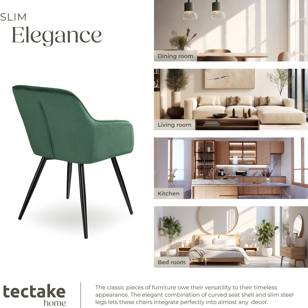 tectake Marilyn Set of 6 Dark Green and Black Velvet Look Padded Dining Chairs Image 7