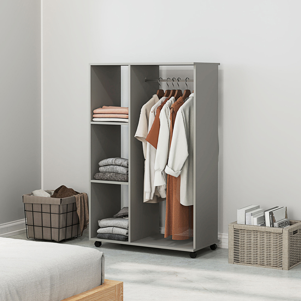 Portland 3 Shelf Grey Rolling Open Wardrobe with Hanging Rail Image 3
