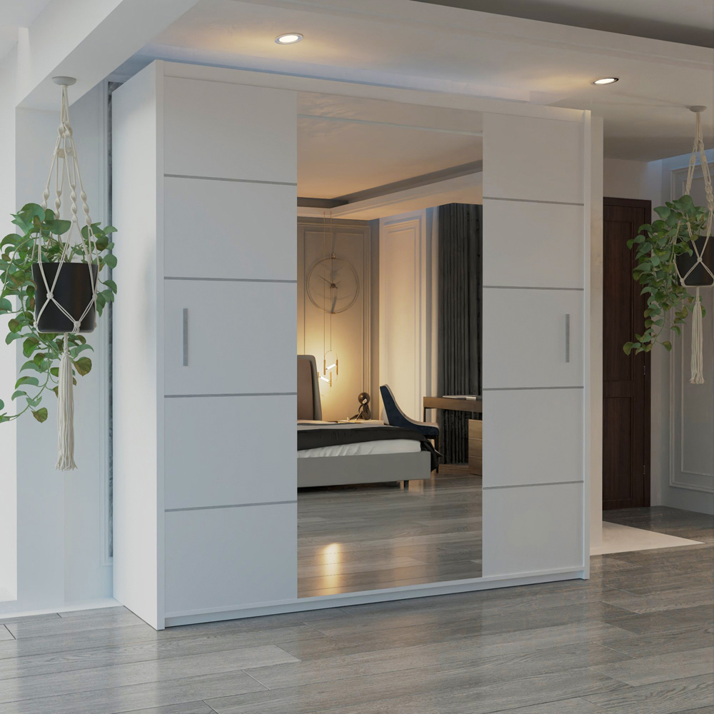 M N Furniture Osaka 2 Door White Mirrored Panel Sliding Wardrobe 203cm Image 4