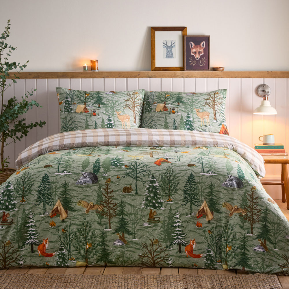 furn. Lodge Wood King Size Oak Green Cotton Duvet Set Image 1