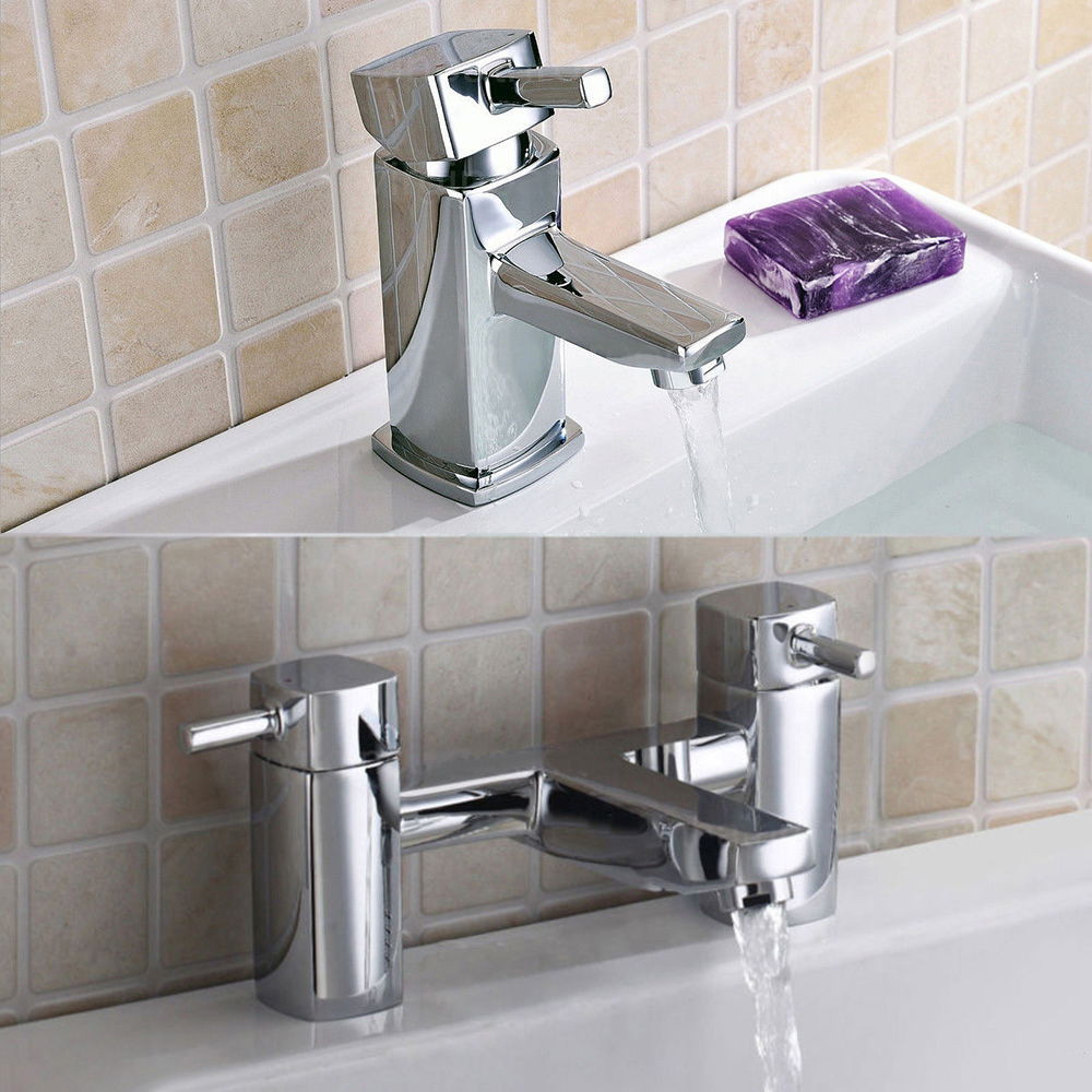 Nes Home Newport Chrome Square Bath Filler and Mini Basin Mixer Tap Image 2